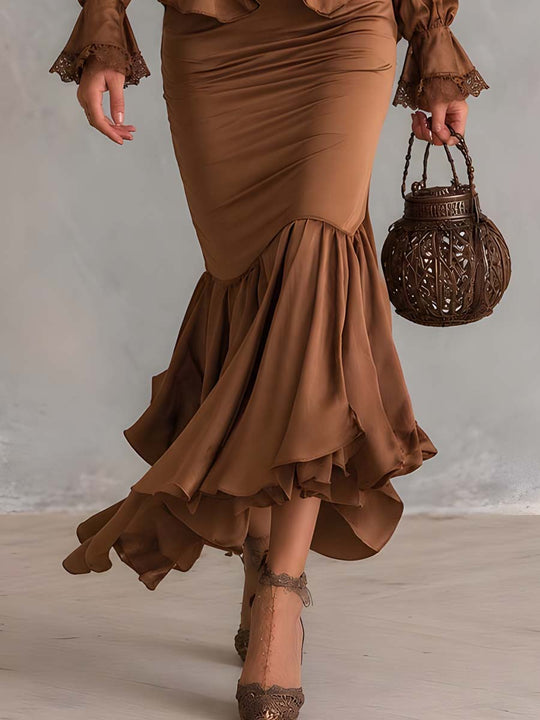 Vintage Tencel-polyester Blend Flare Hem Two-piece Set