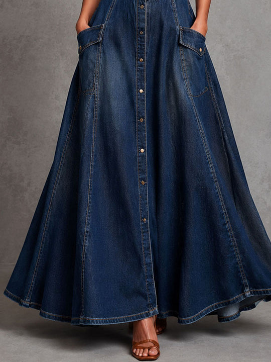 Retro Elegant Dark Denim Halter Neck Pocket A Line Maxi Dress