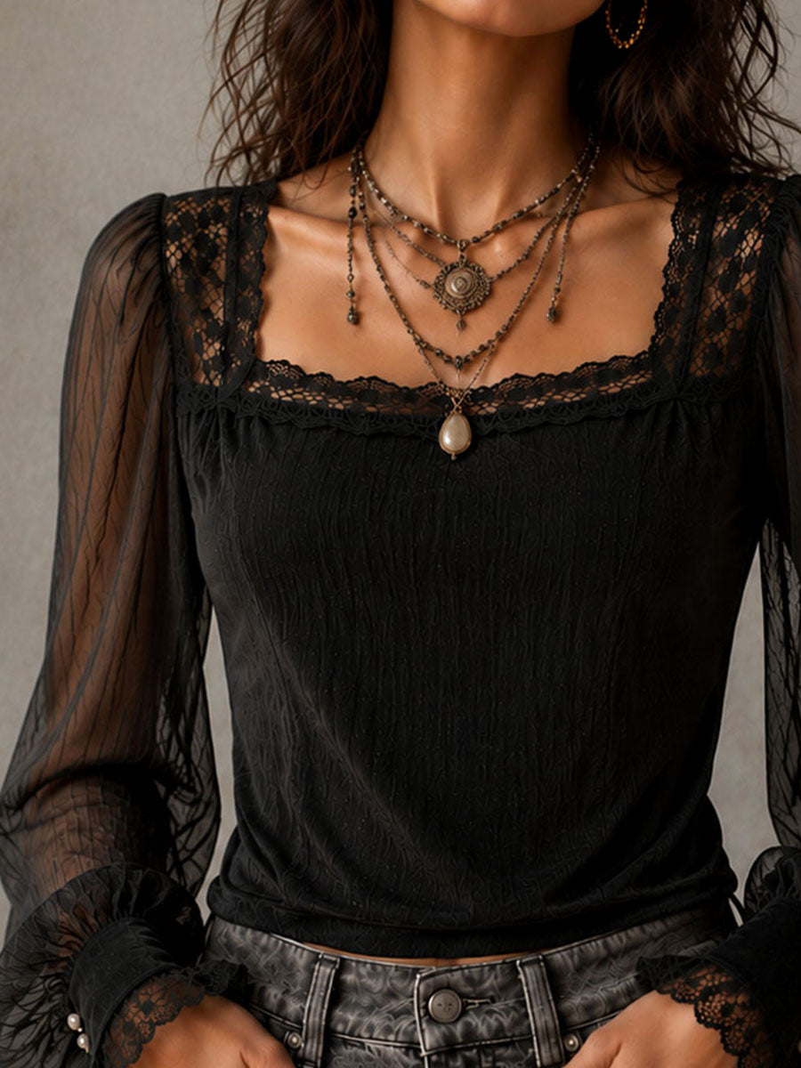 Retro Black Square Neck Lace Trim Mesh Puff Sleeve Blouse