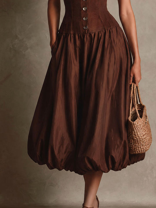 Retro Brown Collar Ribbed Button Front Pocket Bubble Hem Midi Dress