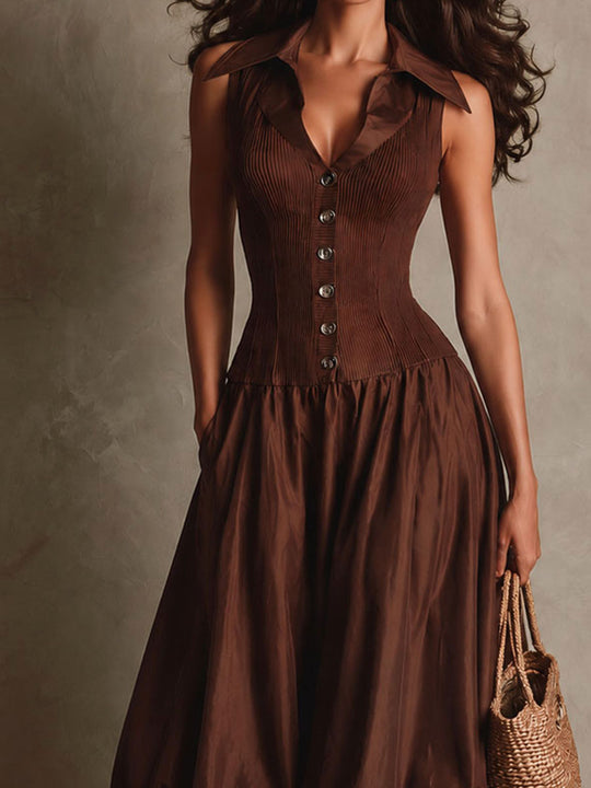 Retro Brown Collar Ribbed Button Front Pocket Bubble Hem Midi Dress