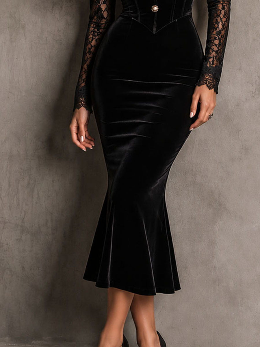 Retro Elegant Black Velvet Lace Sleeve Corset Mermaid Midi Dress