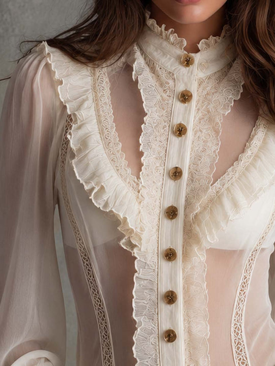 Elegant Vintage Ruffle Lace Trim Stand Collar Puff Long Sleeve Blouse