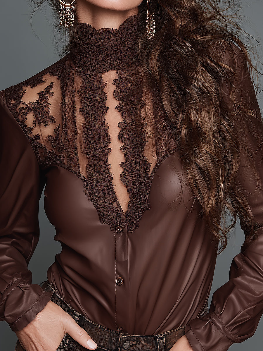 Vintage-style PU Stand-collar Long-sleeve Blouse With Lace Detailing