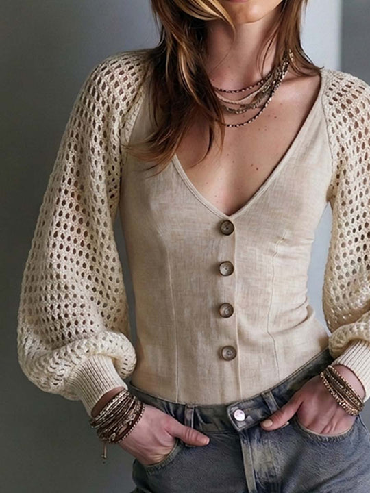Boho Linen Button-Front Top With Crochet Bishop Sleeves