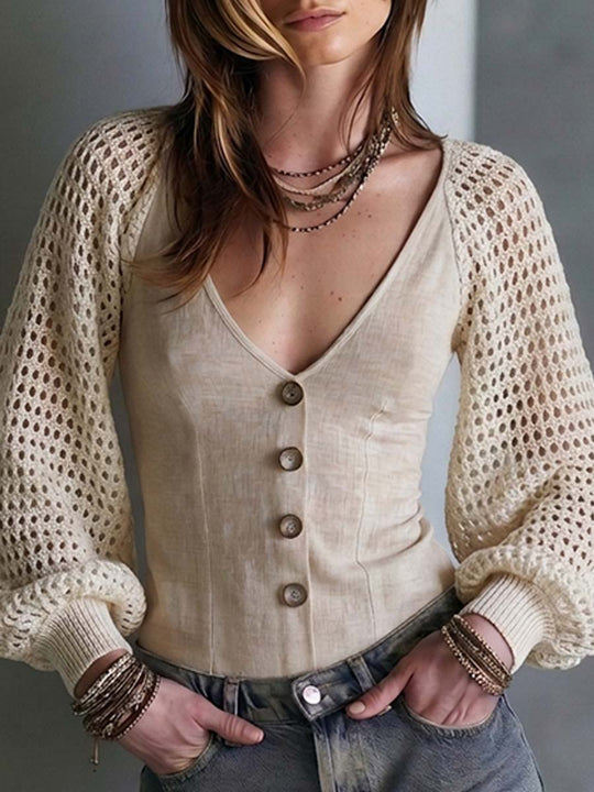 Boho Linen Button-Front Top With Crochet Bishop Sleeves
