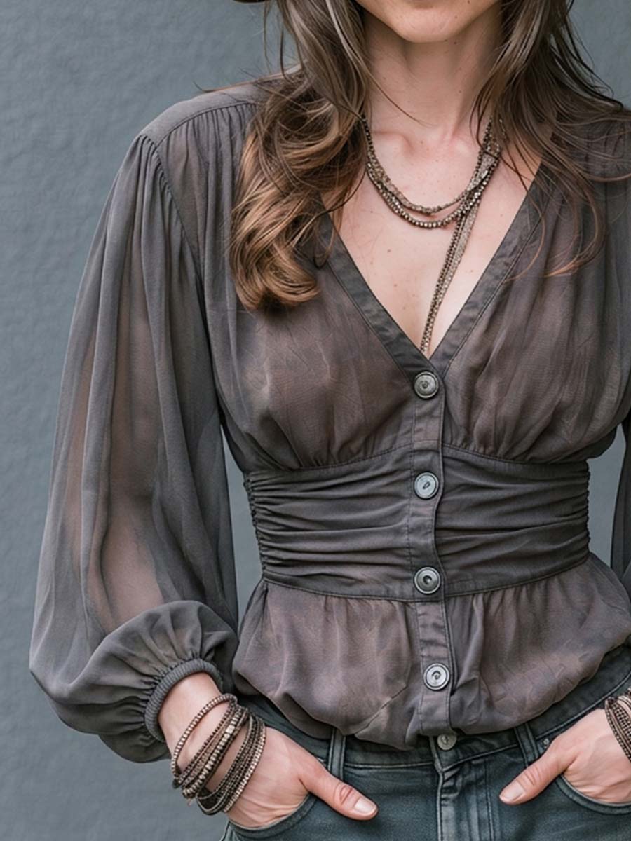 Boho Sheer Deep V Button-Front Bishop Sleeve Blouse