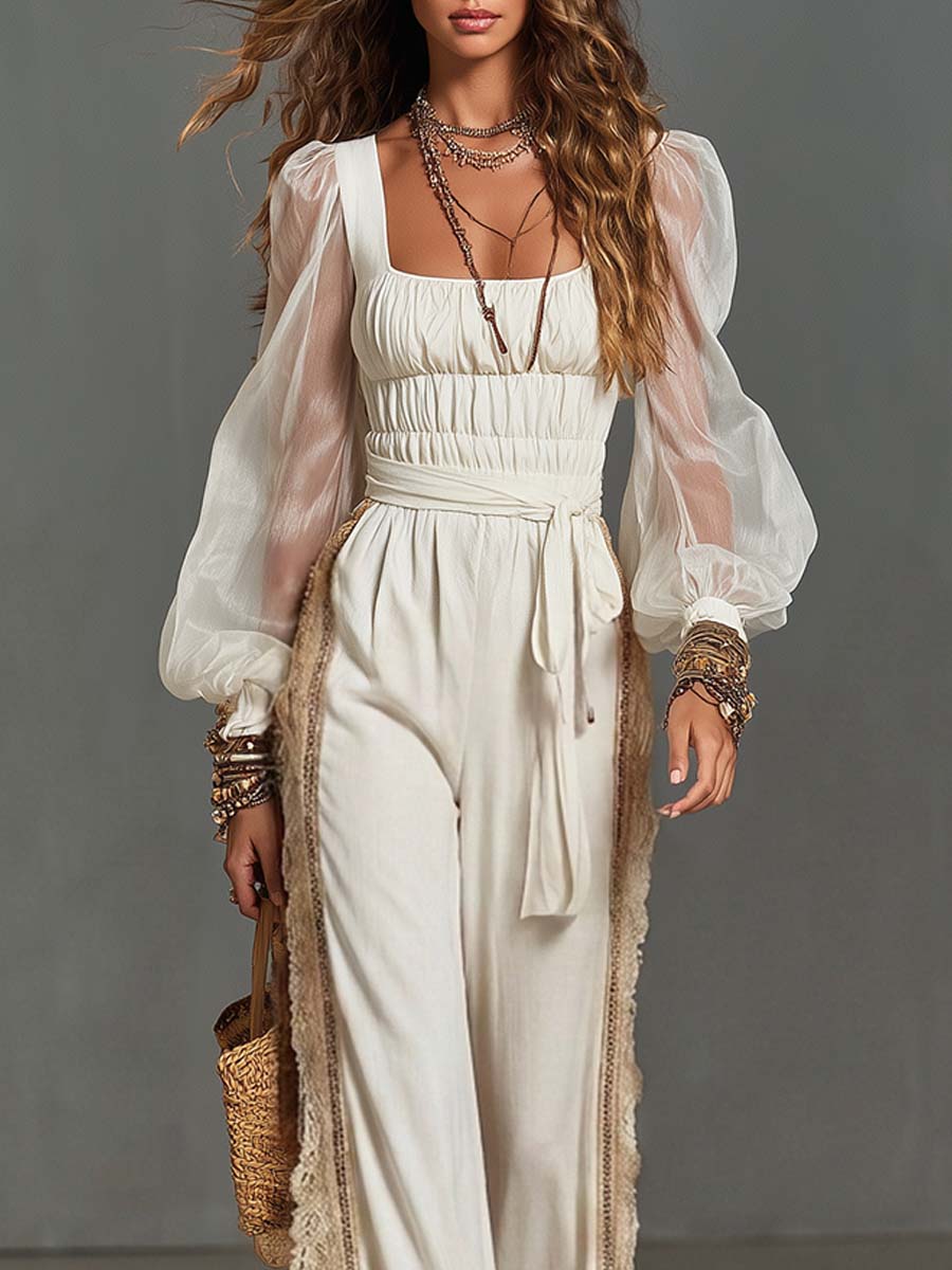 Boho Smocked Square Neck Sheer Bishop Sleeve Wide-Leg Jumpsuit