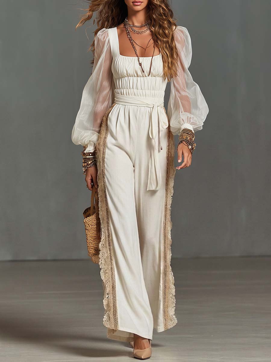 Boho Smocked Square Neck Sheer Bishop Sleeve Wide-Leg Jumpsuit
