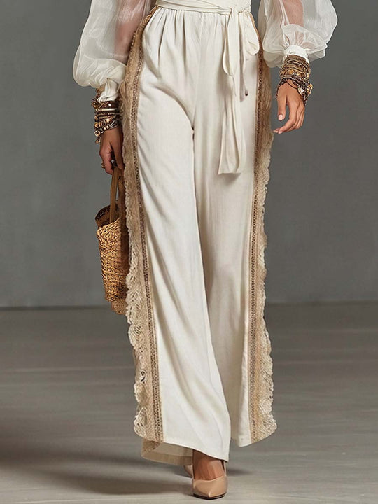 Boho Smocked Square Neck Sheer Bishop Sleeve Wide-Leg Jumpsuit