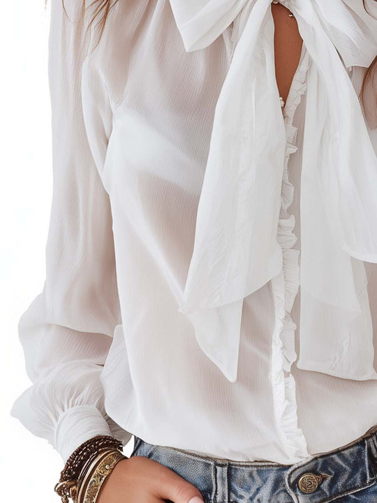 Elegant Vintage Ruffle Collar Big Bow Tie Keyhole Puff Long Sleeve Blouse