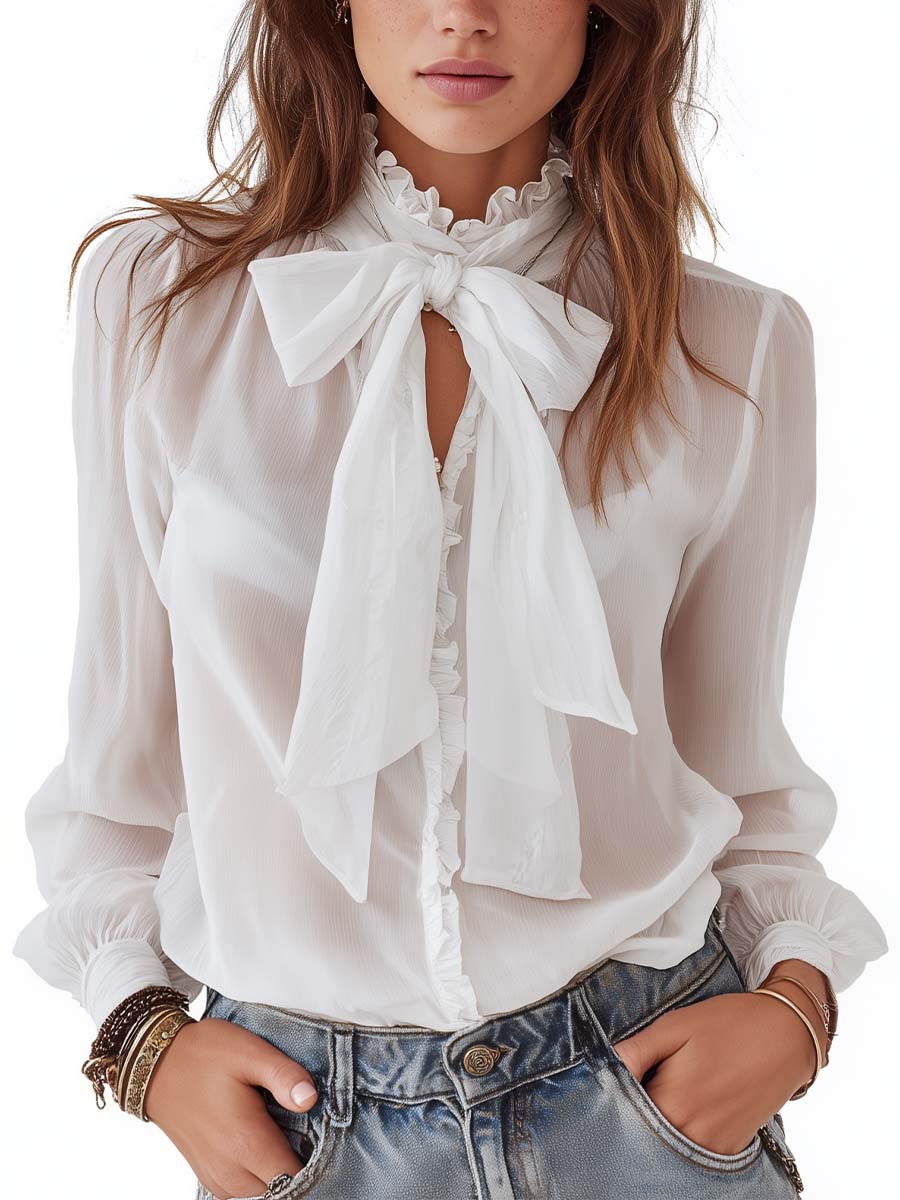 Elegant Vintage Ruffle Collar Big Bow Tie Keyhole Puff Long Sleeve Blouse