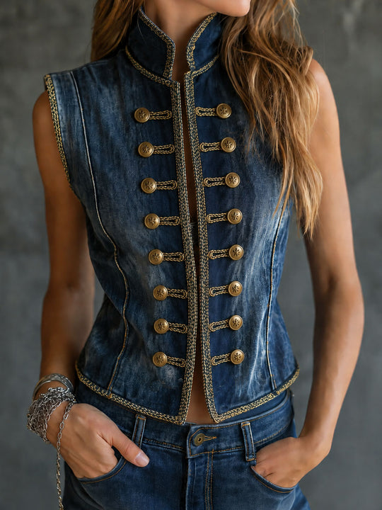 Retro Washed Denim Stand Collar Double Breasted Stitch Trim Vest