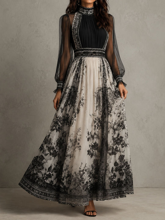 Retro Ink Floral Print Sheer Sleeve High Neck Pleated Maxi Dress
