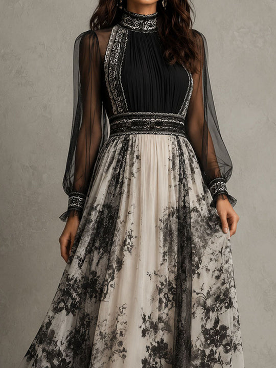 Retro Ink Floral Print Sheer Sleeve High Neck Pleated Maxi Dress