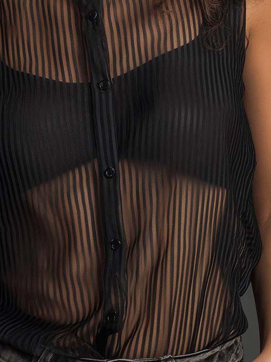 Vintage Vertical Striped Sheer Crew Neck Button Front Sleeveless Tank
