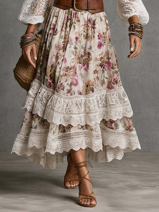Boho Off-Shoulder Lace Sleeve Top & Floral Tiered Midi Skirt Set
