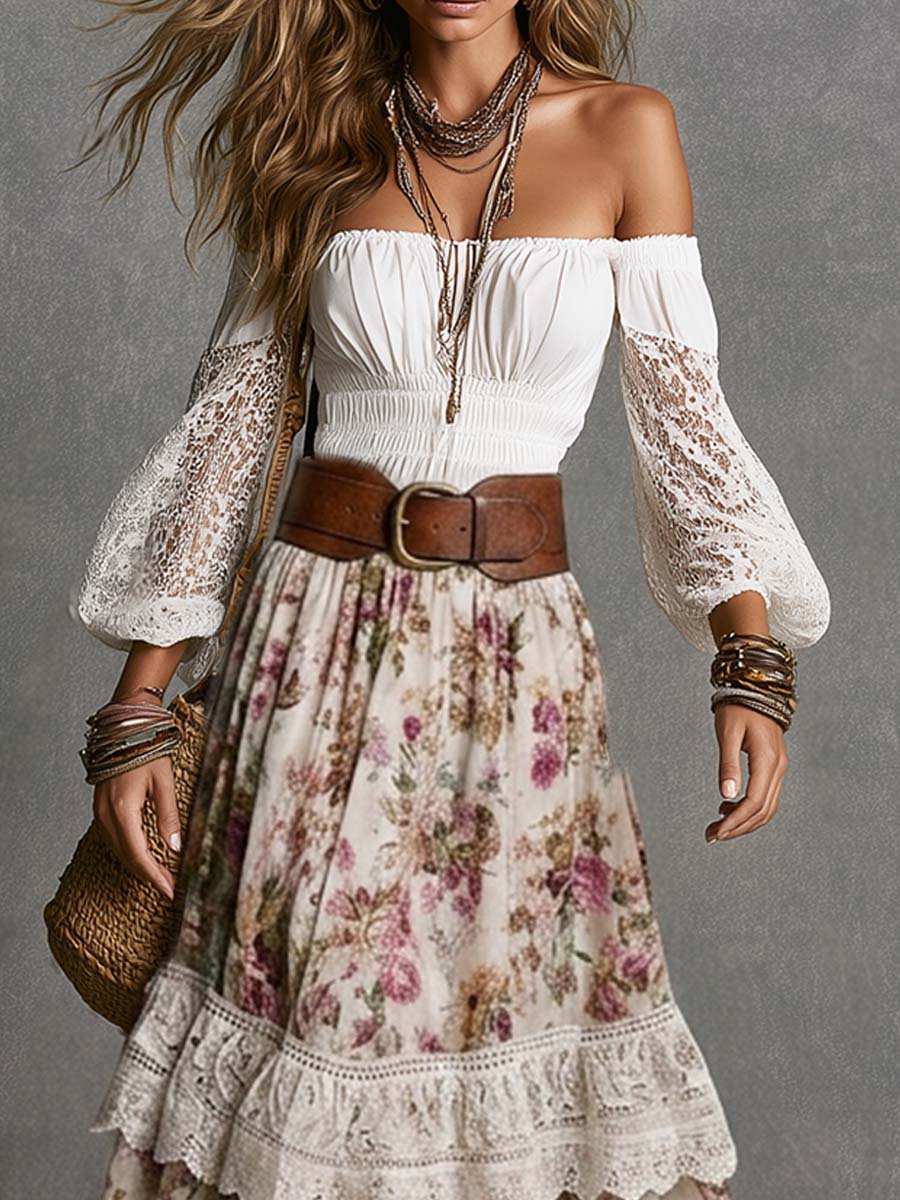 Boho Off-Shoulder Lace Sleeve Top & Floral Tiered Midi Skirt Set