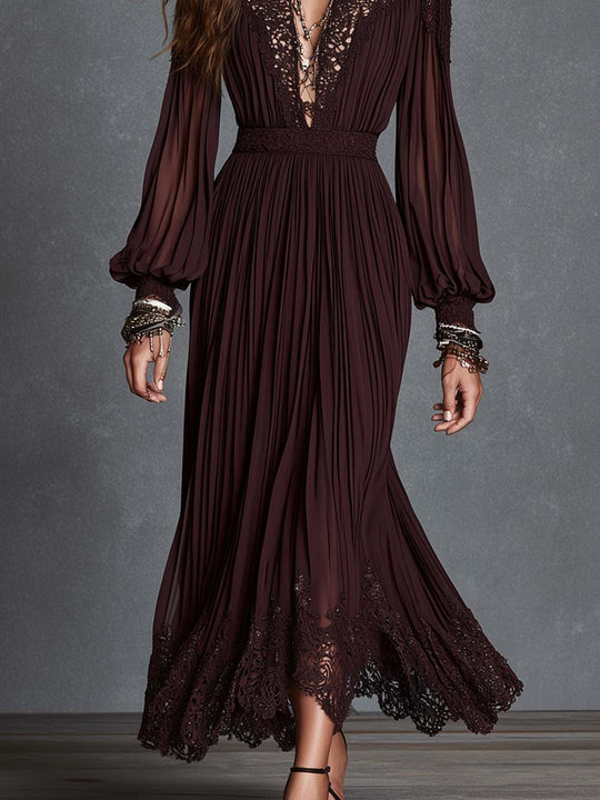 Boho Lace-Trim Deep V Pleated Bishop Sleeve Midi Dress