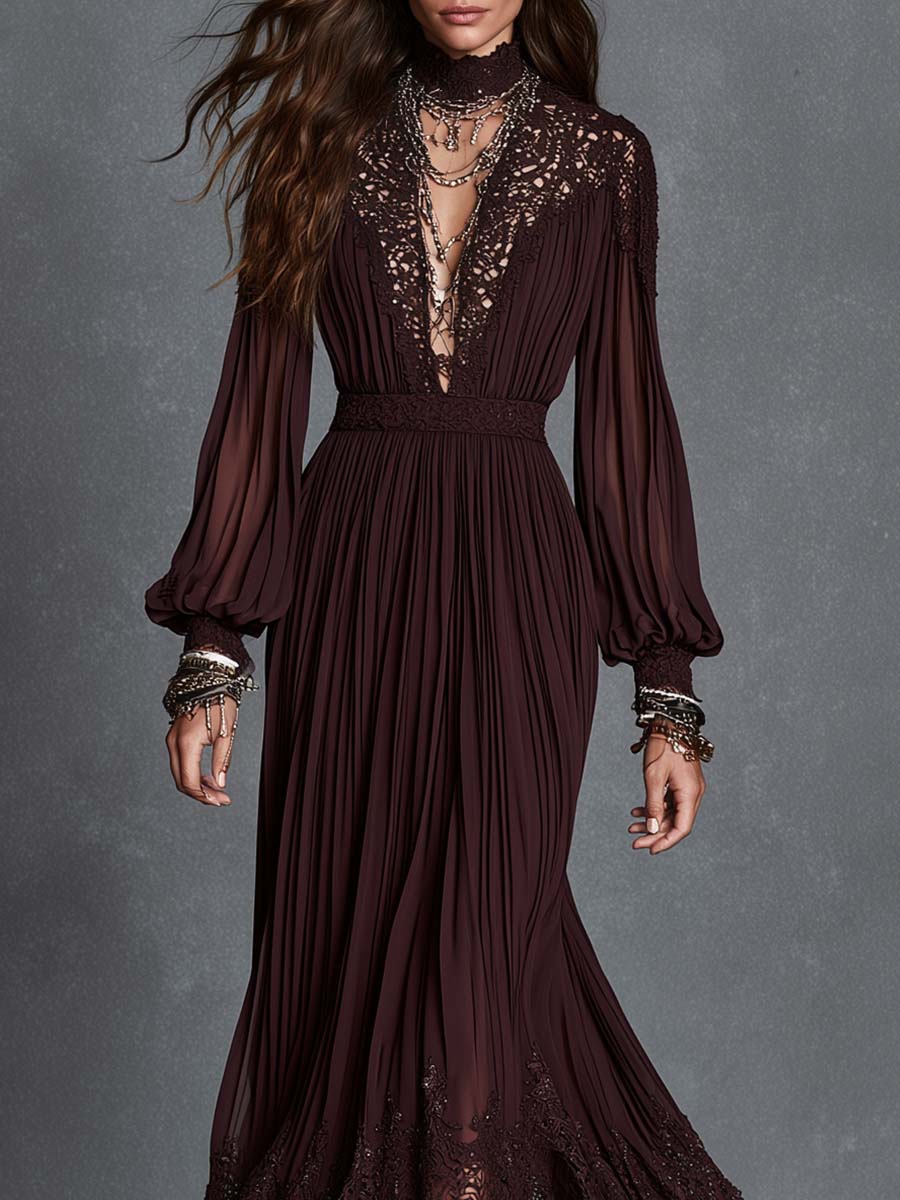 Boho Lace-Trim Deep V Pleated Bishop Sleeve Midi Dress