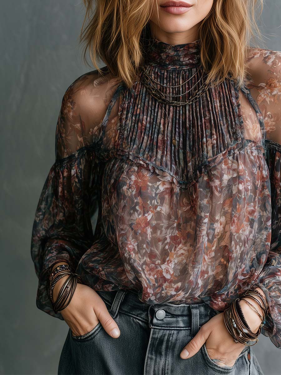 Boho Sheer Floral High Neck Cold Shoulder Blouse