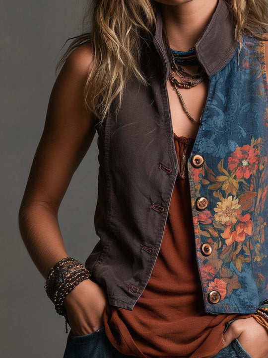 Boho Floral Patchwork Button-Front Vest