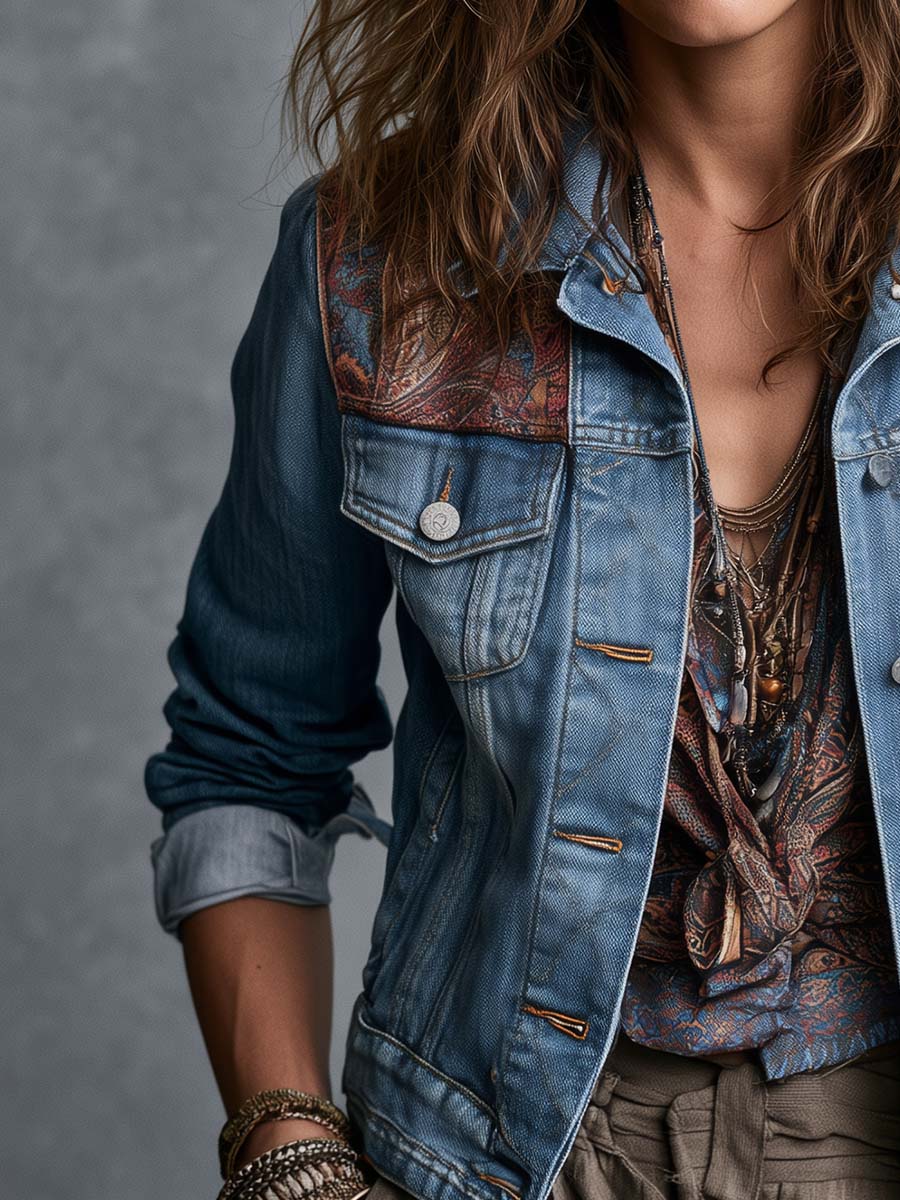Boho Denim Jacket With Paisley Shoulder Panels
