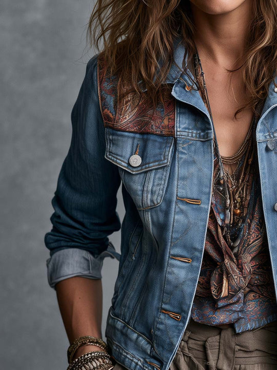 Boho Denim Jacket With Paisley Shoulder Panels