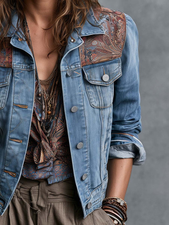 Boho Denim Jacket With Paisley Shoulder Panels