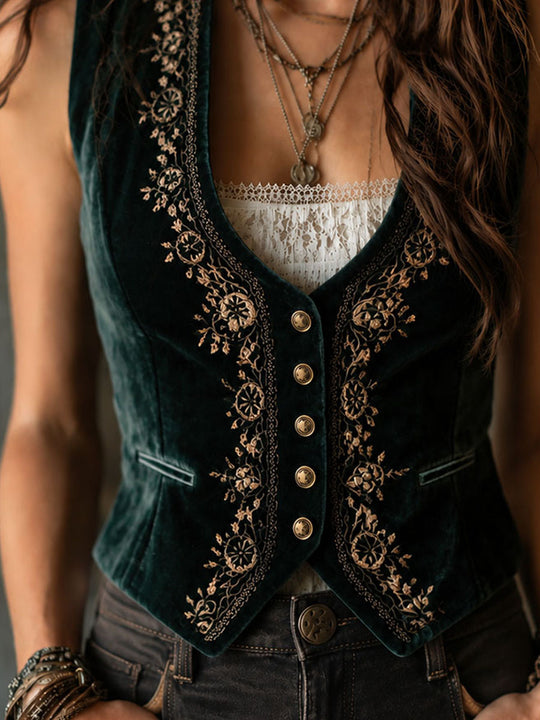 Boho Vintage Embroidered Dark Green Velvet Vest With Pockets