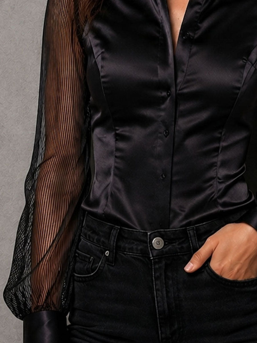 Vintage Spliced Satin Sheer Mesh Puff Sleeve Slim Shirt