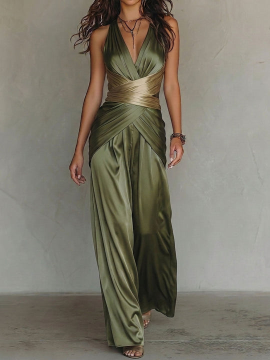 Boho Olive Satin Halter V Neck Cross Wrap Wide Leg Jumpsuit