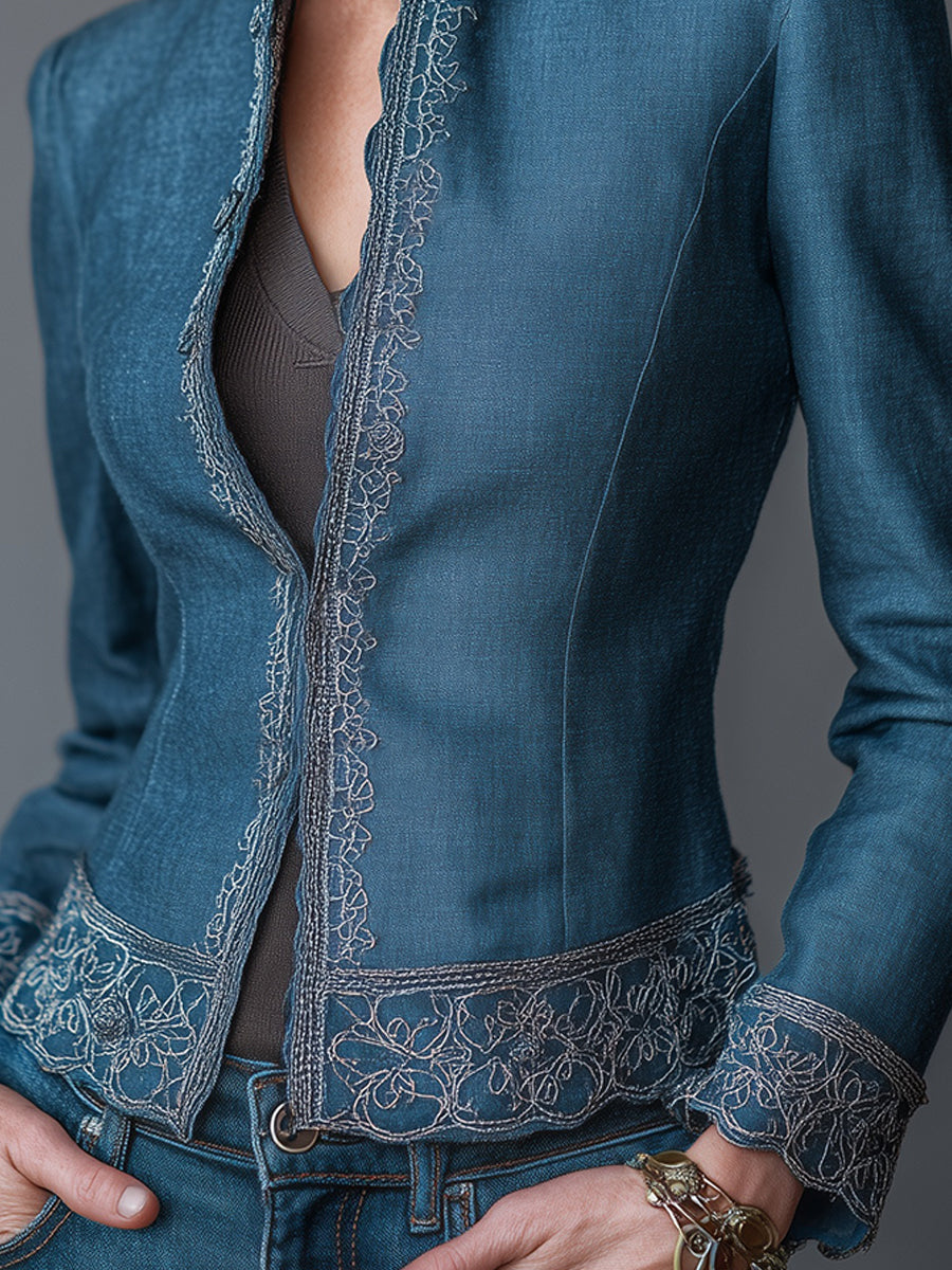 Vintage-style Embroidered Stand-collar Slim-fit Blazer
