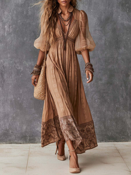 Boho Deep V Bishop Sleeve Border Print Maxi Dress