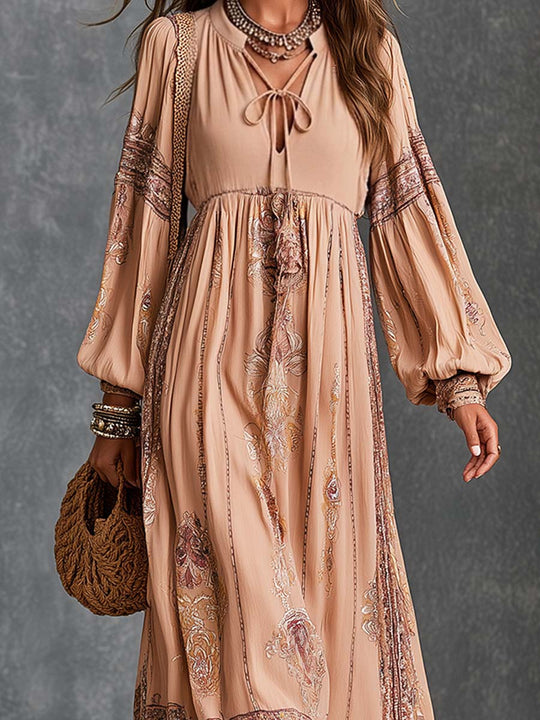 Boho Paisley Border Print Tie-Neck Bishop Sleeve Midi Dress