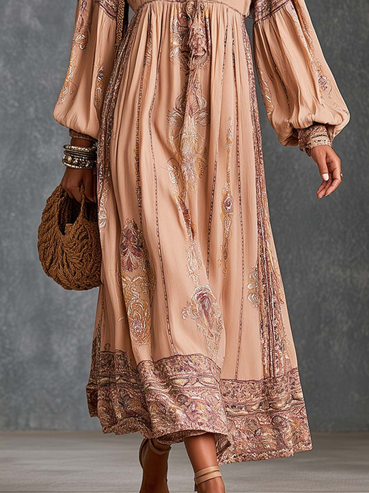 Boho Paisley Border Print Tie-Neck Bishop Sleeve Midi Dress