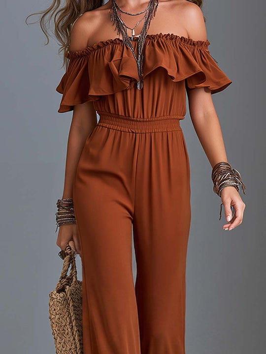 Boho Off-Shoulder Ruffle Wide-Leg Jumpsuit