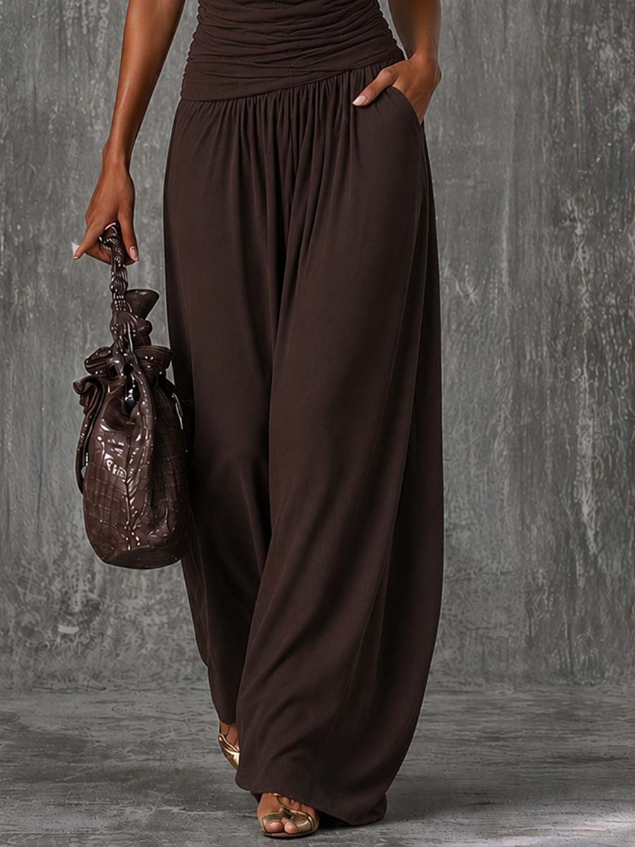 Boho Draped Lace Halter Ruched Waist Pocket Wide Leg Brown Jumpsuit