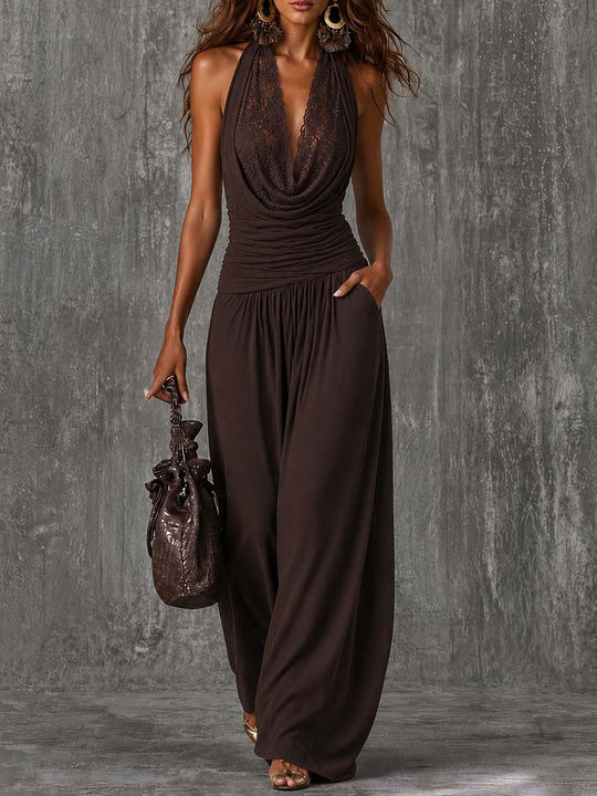 Boho Draped Lace Halter Ruched Waist Pocket Wide Leg Brown Jumpsuit
