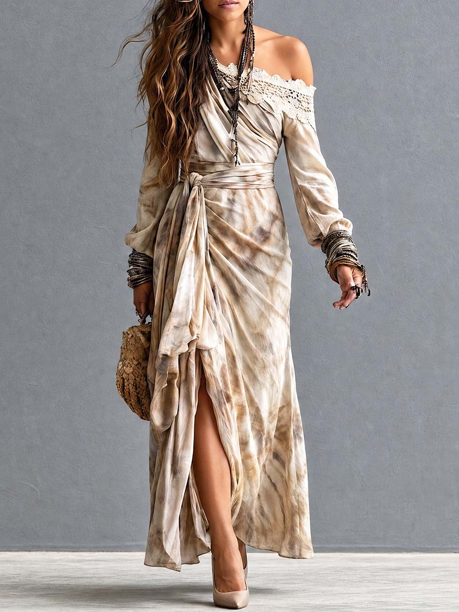 Boho Off-Shoulder Lace Trim Tie-Waist Wrap Maxi Dress