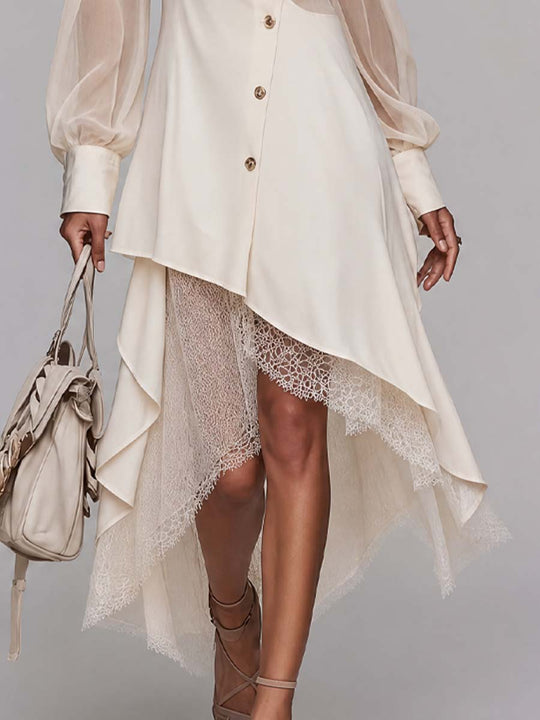 Elegant Lapel Collar Sheer Puff Sleeve Button Front Lace Layer Asymmetric Hem Midi Shirt Dress