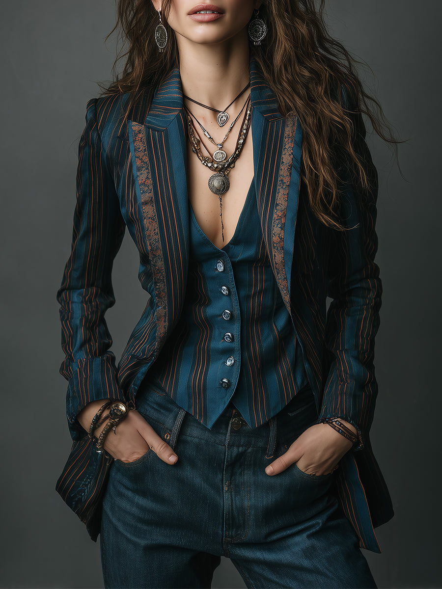 Quiet Luxury Striped Floral Print Slim-fit Lapel Blazer