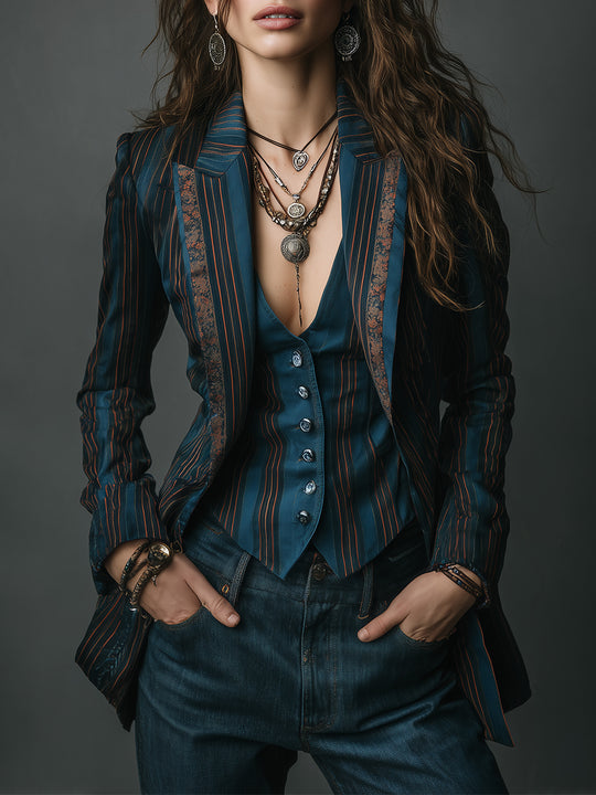 Quiet Luxury Striped Floral Print Slim-fit Lapel Blazer