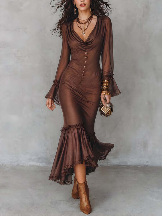 Vintage Cowl Neck Lace-trimmed Fishtail Hem Midi Dress