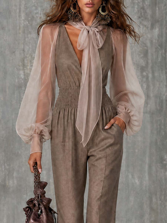 Boho Tie Neck Sheer Puff Long Sleeve Smocked Waist Pocket Wide Leg Jumpsuit