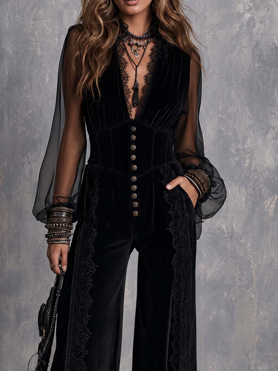 Vintage Sheer Sleeves Polyester Velvet Jumpsuit