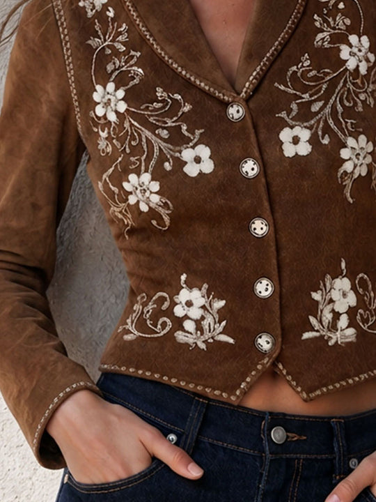 Boho Brown Suede Floral Embroidery Lapel Button Jacket