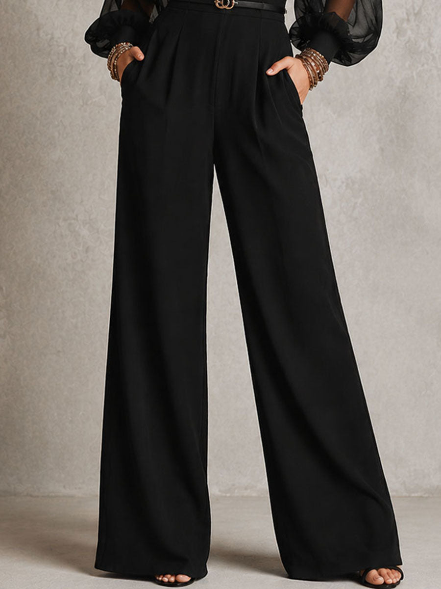 Boho Black Sheer Puff Sleeve Belted Wide Leg Jumpsuit With Pockets