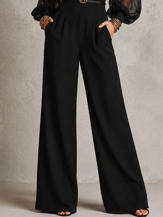 Boho Black Sheer Puff Sleeve Belted Wide Leg Jumpsuit With Pockets