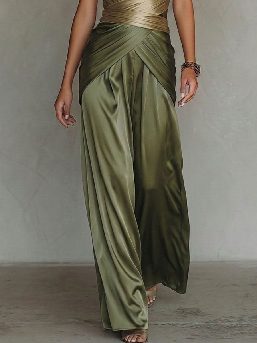 Boho Olive Satin Halter V Neck Cross Wrap Wide Leg Jumpsuit